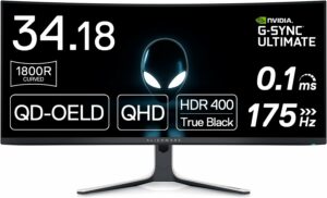 The Alienware 34 QD-OLED (AW3423DW) is a cutting-edge monitor featuring an awe-inspiring alien design on its screen.