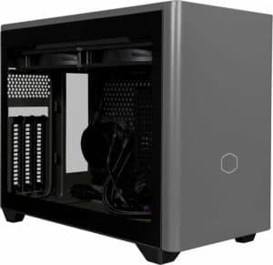 The Cooler Master MasterBox Pro 5 RGB, a sleek black computer case featuring a side fan for enhanced cooling.