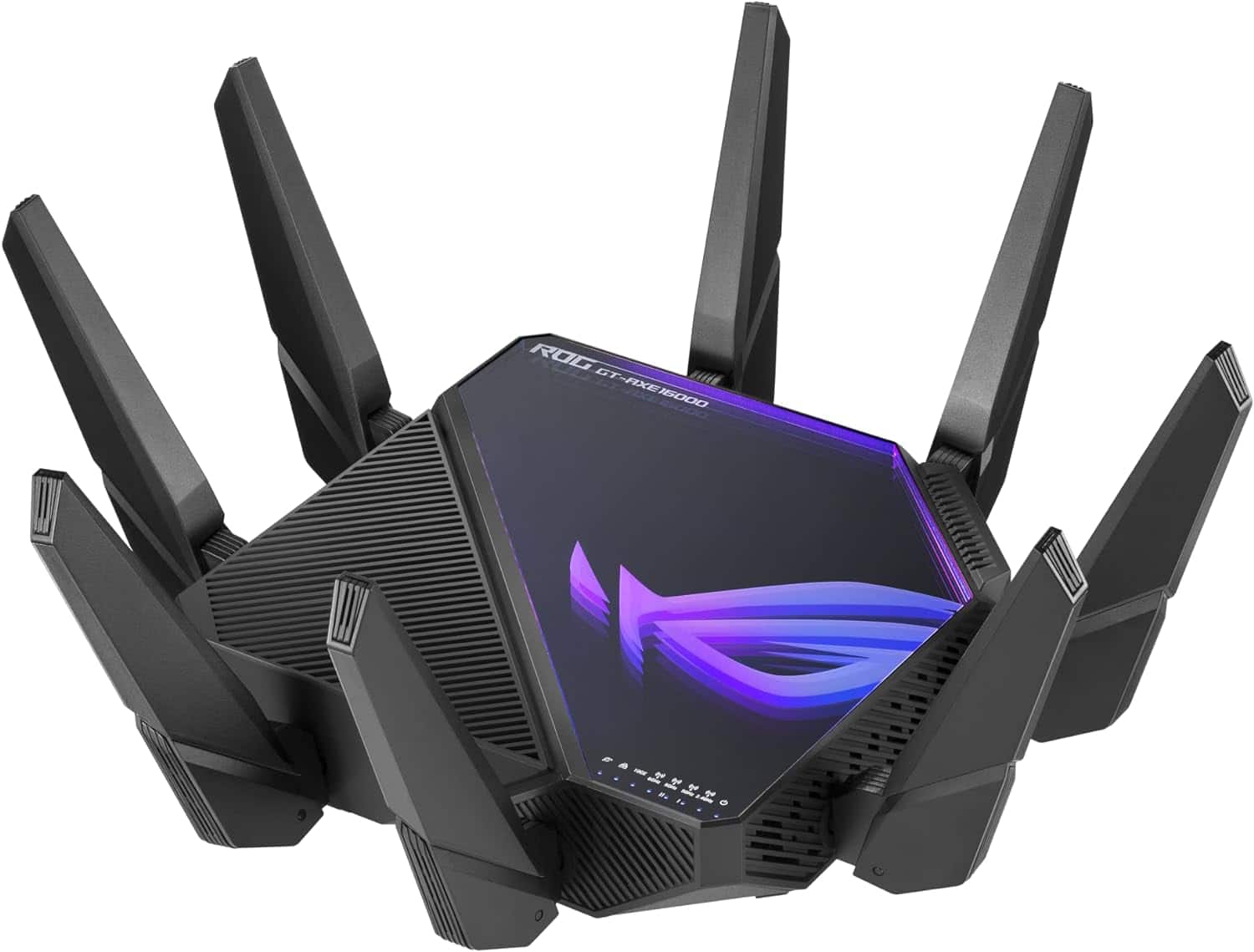 A modern ASUS ROG Rapture GT-AXE16000 gaming router with eight external antennas and an illuminated logo on the top.