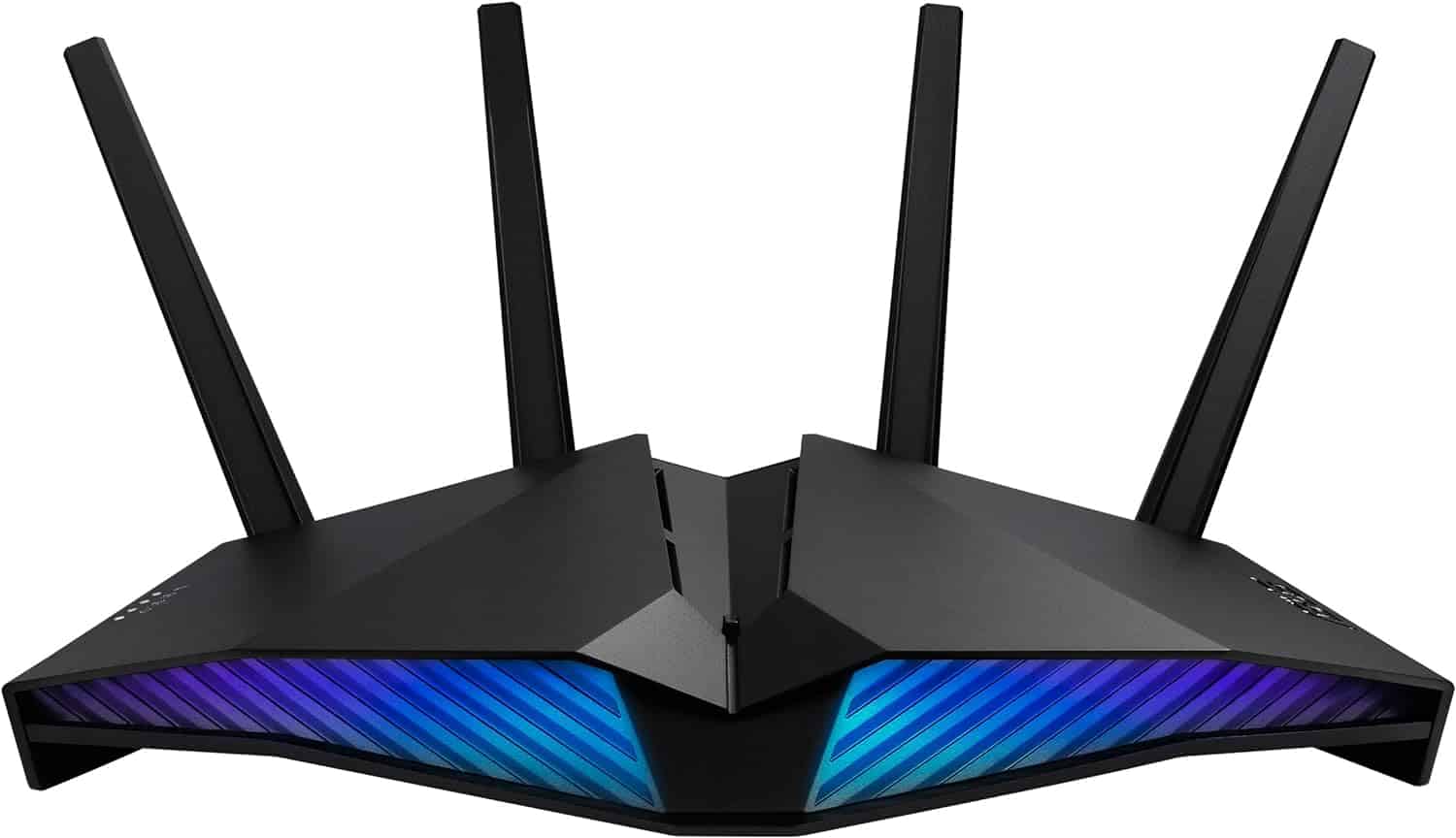A modern Wi-Fi 6 gaming router with four antennas and a blue and purple LED light panel on the front.
