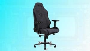 A black computer chair on a blue background, offering the Best Black Friday Gaming Chair Deals 2023.