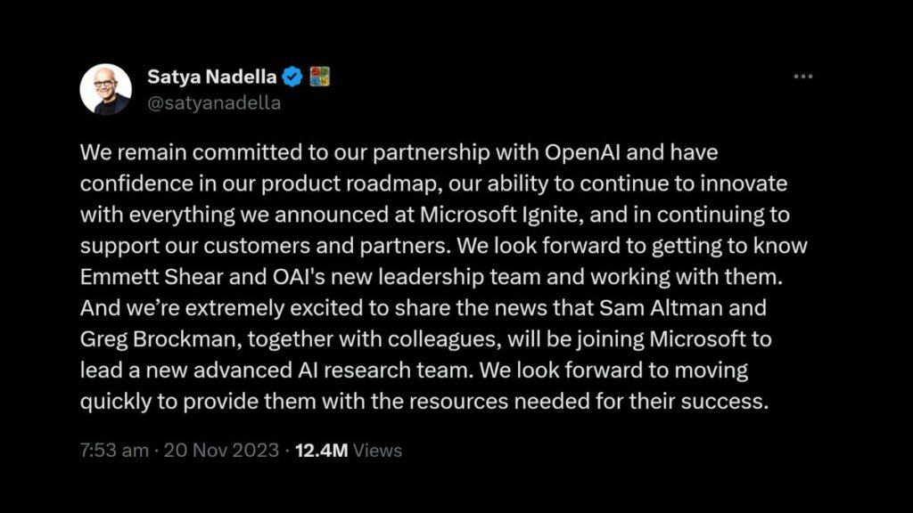 Satya Nadella, CEO of Microsoft, announces Altman and Brockman to lead new advanced AI research team.