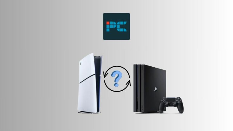 Can the PS5 Slim play PS4 games? In short, yes. Image shows a PS5 Slim and a PS4, with an arrow encircling a question mark between them.