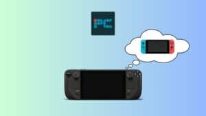 Can the Steam Deck play Switch games? Technically, it could. Image shows the Steam Deck and a Nintendo Switch in a thought bubble, on a light blue background.