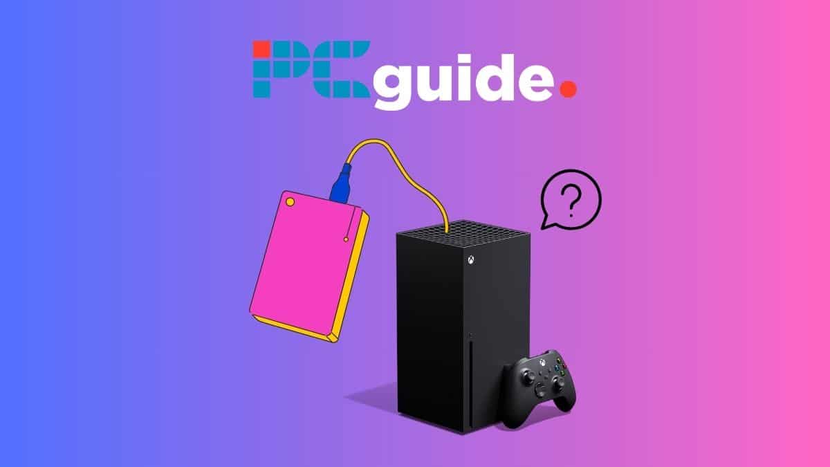 Can the Xbox Series X use an external hard drive? Image shows an Xbox Series X and a pink hard drive on a purple gradient background.