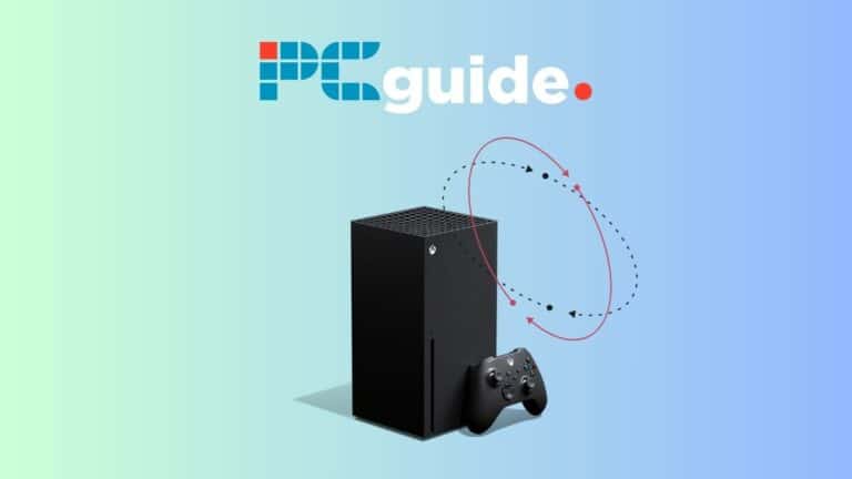 The pc guide logo on a blue background, featuring the Xbox Series X on its side.