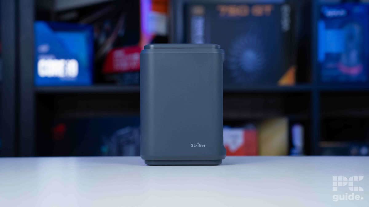 GL.iNet GL-AXT1800 (Slate AX) standing on side, Image by PCGuide