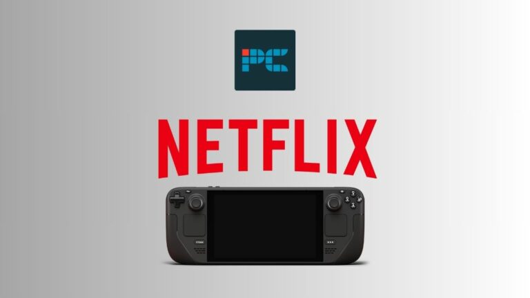 How to use the Steam Deck to watch Netflix. Image shows the Netflix logo above the Steam Deck, on a light grey gradient background.