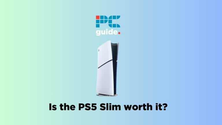 Is the PS5 Slim worth it? Image shows the text "Is the PS5 Slim worth it?" underneath the PS5 Slim, on a light blue gradient background.