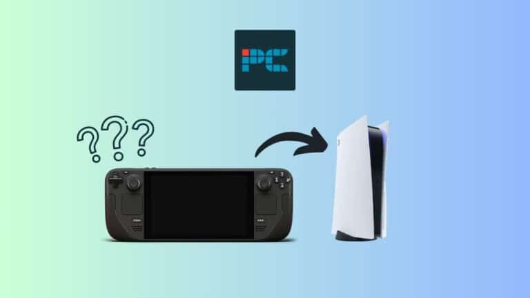 Is the Steam Deck more powerful than the PS5? Image shows a Steam Deck with an arrow pointing to a PS5 console, on a light blue gradient background.