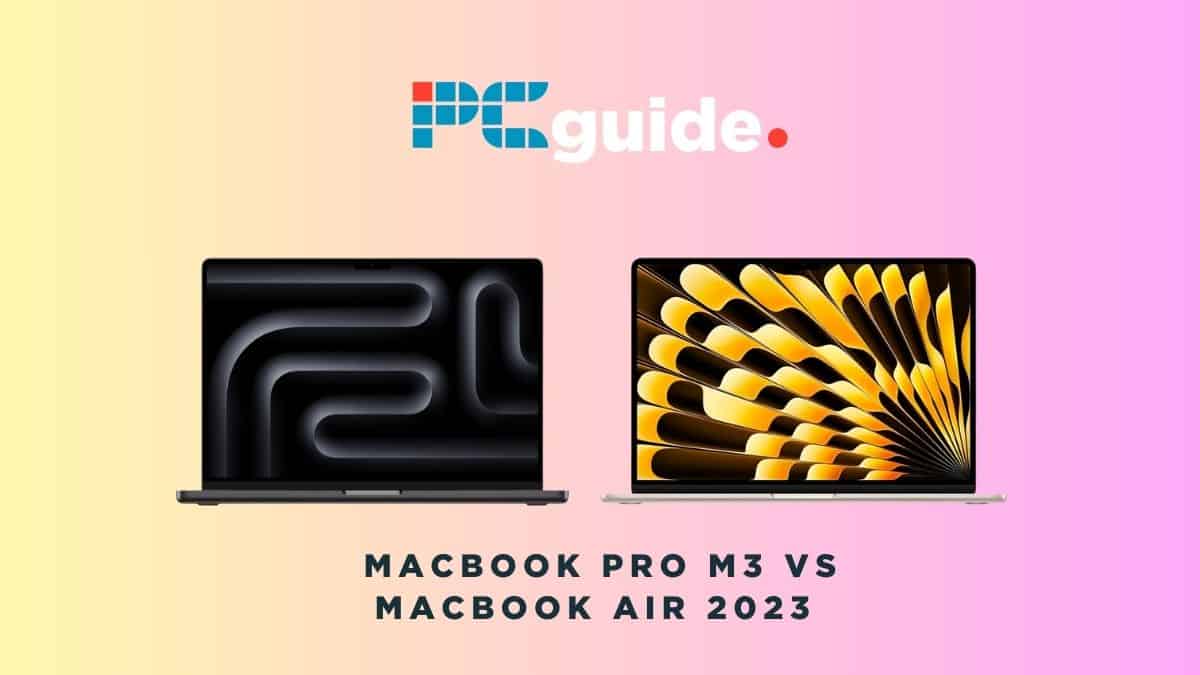MacBook Pro M3 vs MacBook Air 2023. Image shows the text "MacBook Pro M3 vs MacBook Air 2023" underneath the MacBook Pro 2023 and MacBook Air 2023 on a pink gradient background.