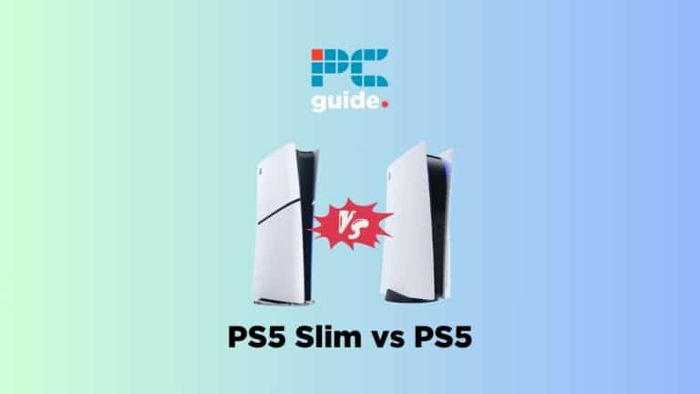 PS5 Slim vs PS5. Image shows the text "PS5 Slim vs PS5" underneath the PS5 Slim and the PS5, on a light blue background.