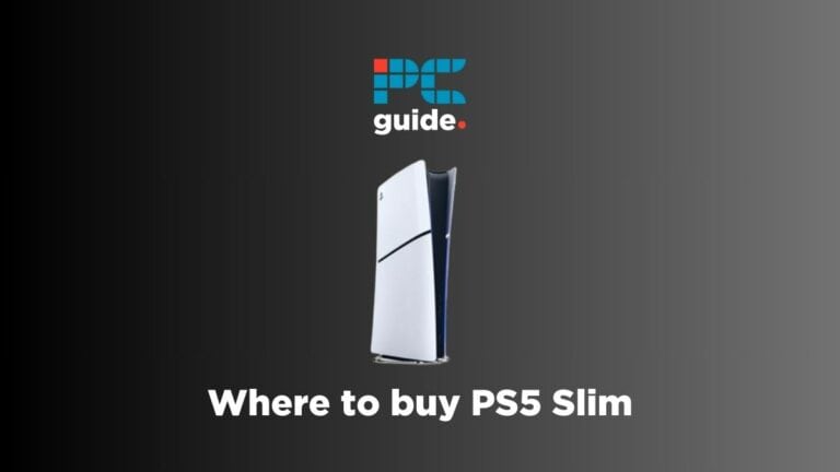 Image shows the text "where to buy PS5 Slim" underneath the PS5 Slim and the PC Guide logo on a black background.