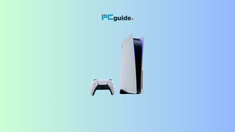 A PlayStation 5 console with its controller on a blue gradient background, showcasing its vertical orientation.