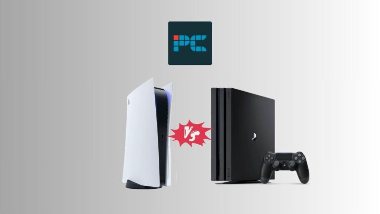 PS5 vs PS4. Image shows the PS5 and PS4 console with a red 'VS' sign, on a light grey gradient background.