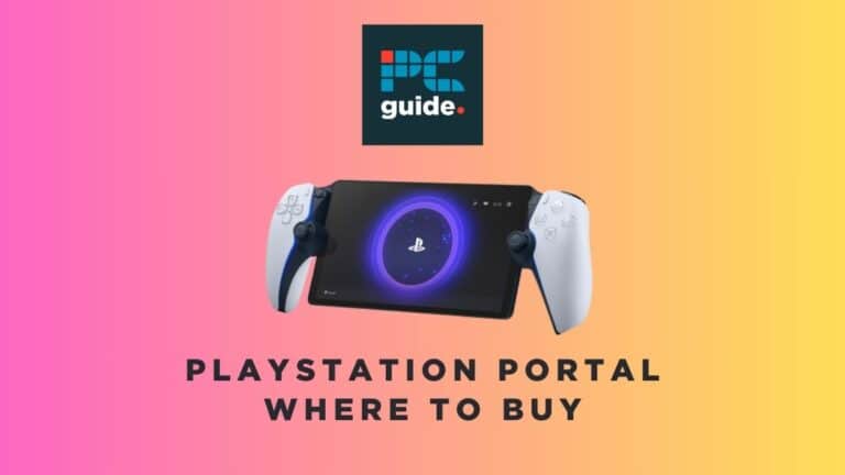 PlayStation Portal - where to buy. Image shows the text "PlayStation Portal - where to buy" underneath the PS Portal controller on a pink yellow gradient background.