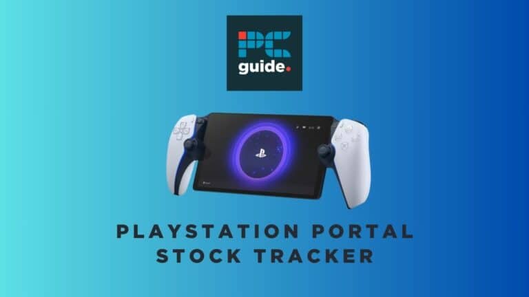 Playstation Portal stock tracker. Image shows the text "Playstation Portal stock tracker" underneath the PS Portal on a blue gradient background.