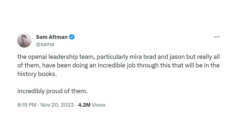 Sam Altman tweets in appreciation of CTO Mira Murati, COO Brad Lightcap, and CSO Jason Kwon.