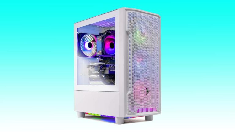 A white computer case with colorful lights featuring the Skytech Archangel 4.0 Gaming PC - Black Friday Deal