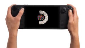 A person holding up a Nintendo Switch OLED.