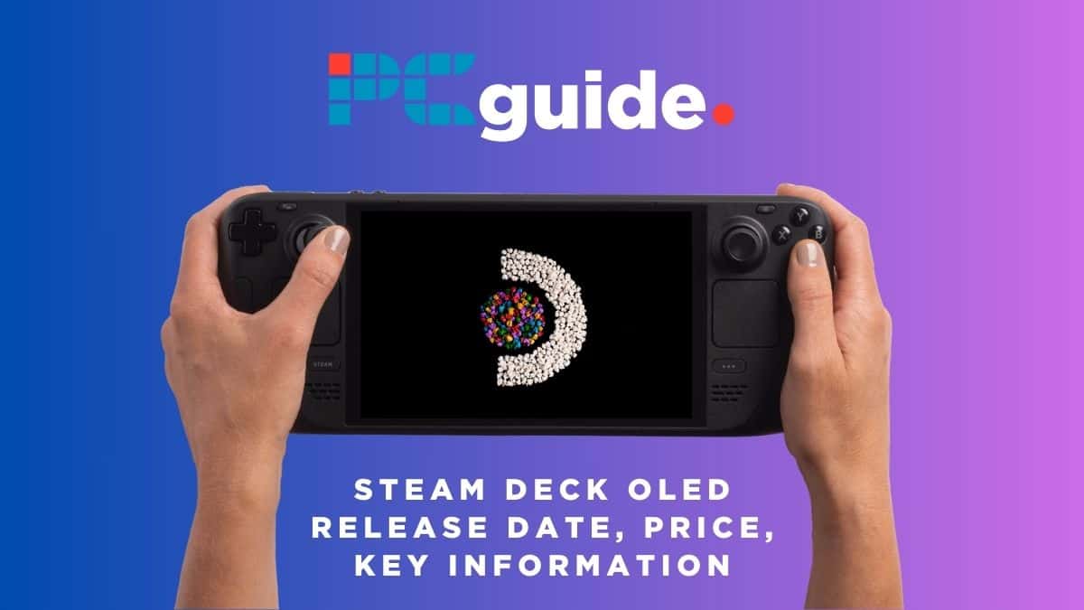 Image shows the text "Steam Deck OLED release date, price, key information" underneath two hands holding a Steam Deck OLED and the PC Guide logo, on a purple background.