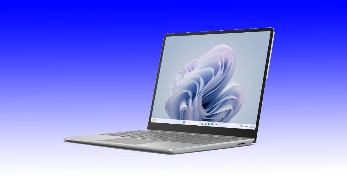A laptop is shown on a blue background, featuring the newest Surface laptop Go 3 available on a special Amazon Black Friday deal with a whopping 25% off.