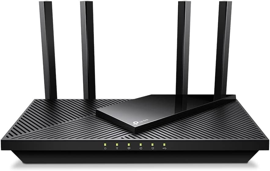 The TP-Link AX3000 WiFi 6 Router (Archer AX55 Pro) is a sleek black router featuring two powerful antennas.