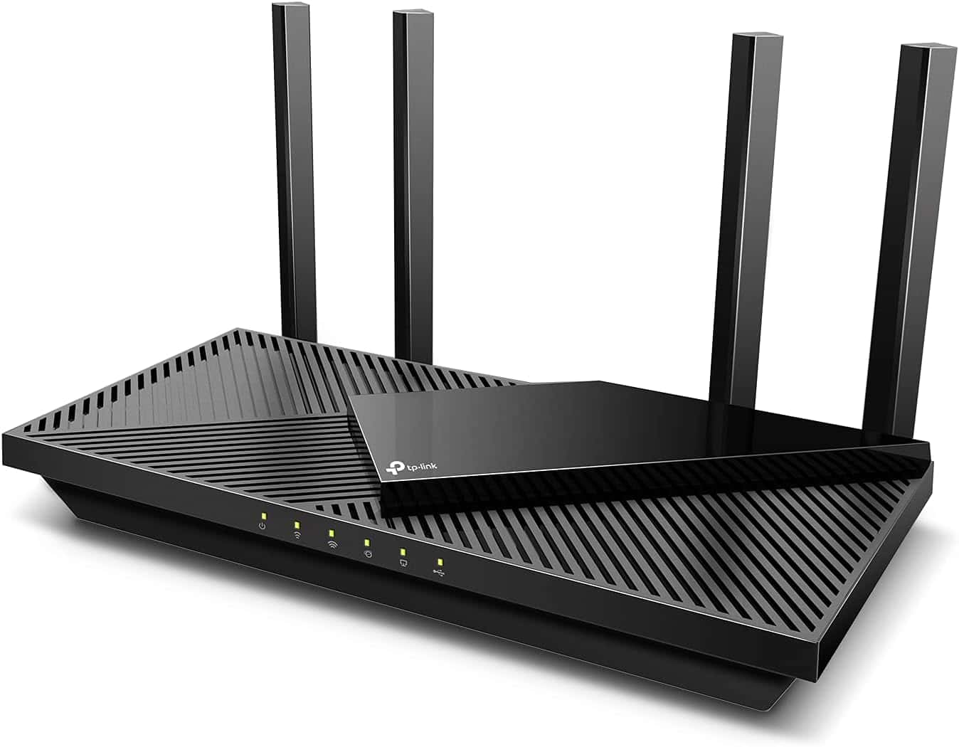 A modern TP-Link AX3000 wireless router with four antennas and multiple connectivity LED indicators on the front.