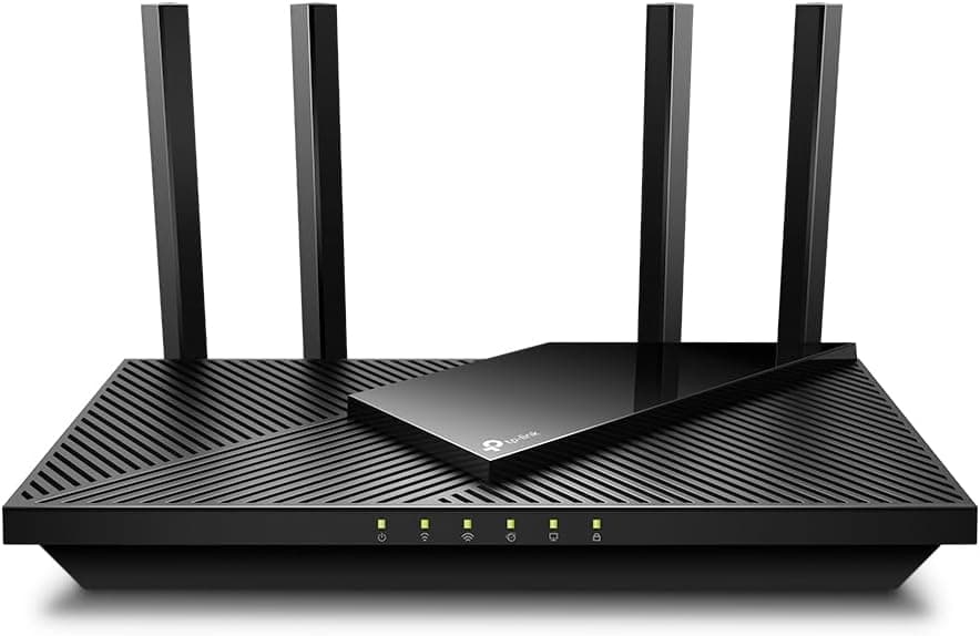 A black TP-Link Archer AX21 wireless router with four antennas, featuring LED indicators on the front panel and supporting Wi-Fi 6.