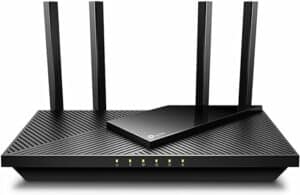 The TP-Link Archer AX21, a stylish black router with two high-performance antennas attached for improved wireless coverage and speeds.