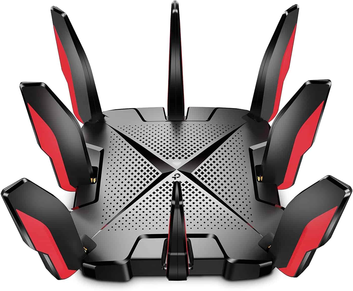 High-performance gaming router with eight external antennas and a black and red design, isolated on a white background.