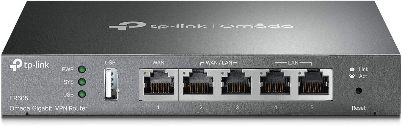 TP-Link ER605 Omada Gigabit VPN Router, frontal view displaying ports for USB, WAN/LAN, and Ethernet, and system indicators for network security.