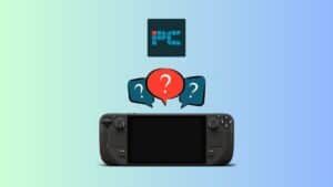 What console is better than the Steam Deck? Image shows a Steam Deck underneath three question mark boxes, on a light blue gradient background.