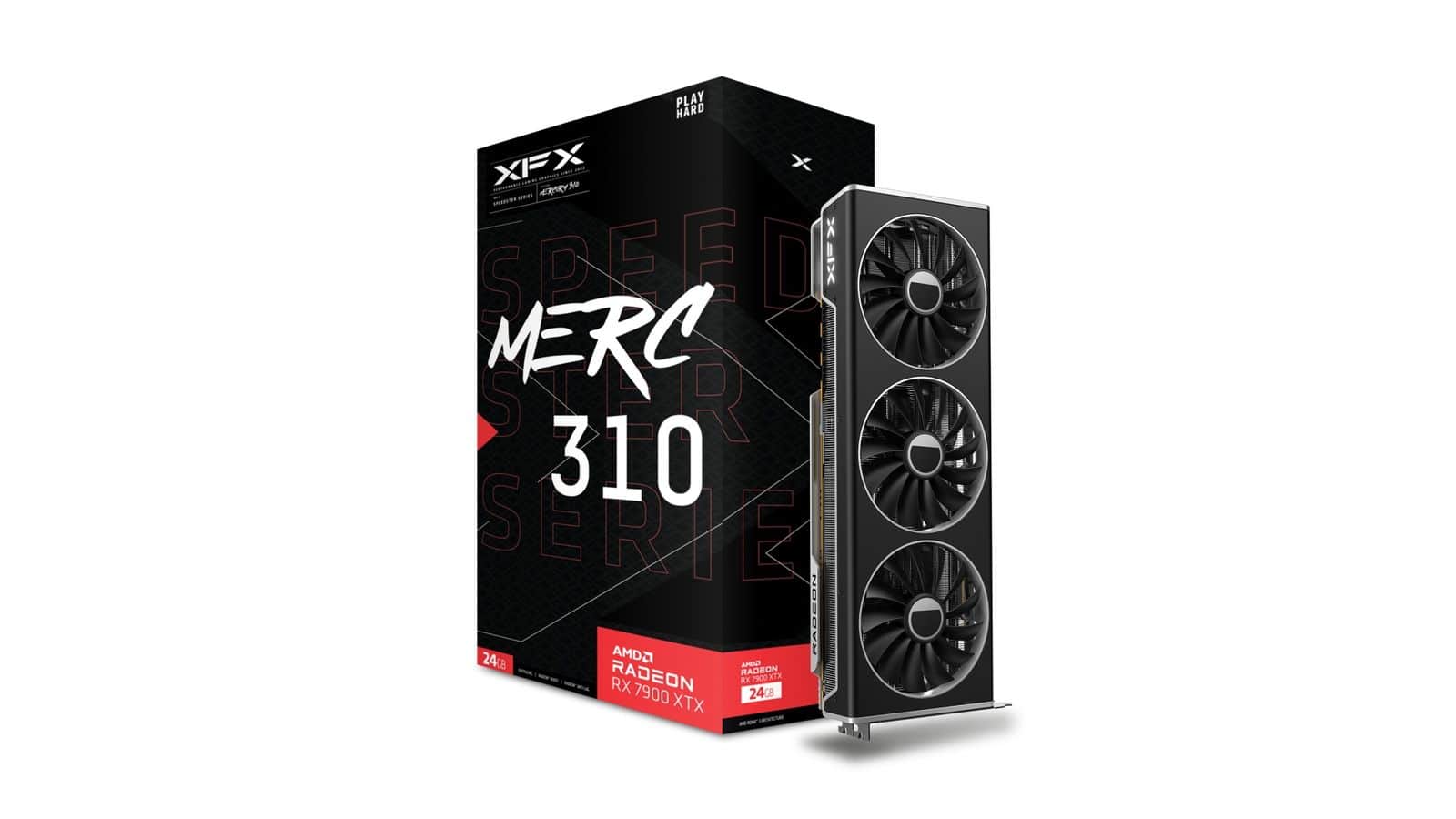 XFX Speedster MERC310 black series graphics card with its packaging.