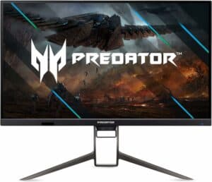 The Acer Predator XB323QK monitor, with its sleek design, is featured on a white background.