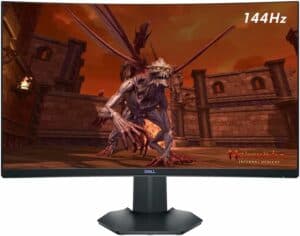 The Dell S2721HGF 27" 144Hz FHD LED Curved Gaming Monitor features an image of a demon, adding a touch of thrilling aesthetics to your gaming setup.