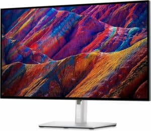 The Dell UltraSharp 27 4K USB-C Hub Monitor (U2723QE) boasts a colorful background, providing vibrant visuals and stunning picture quality.