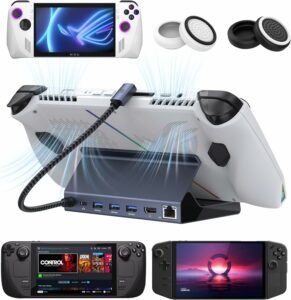 A Nintendo Switch console with a game controller and the iVANKY 6-in-1 Hub Docking Station accessory.