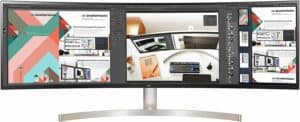 The LG 49WL95C-W Ultrawide Dual QHD Monitor is displayed on a desk.