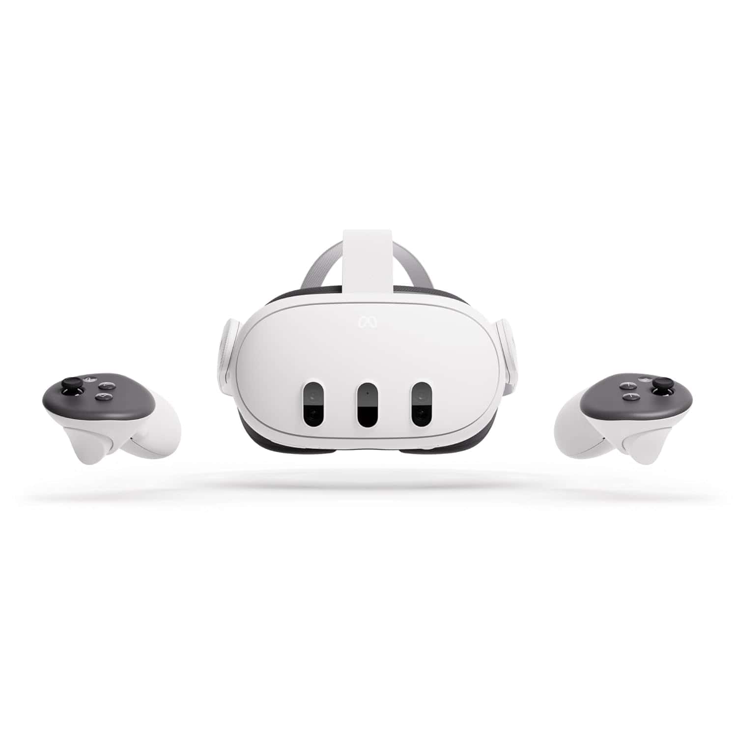 Xiaomi vr headset with Meta Quest 3 controllers on a white background.