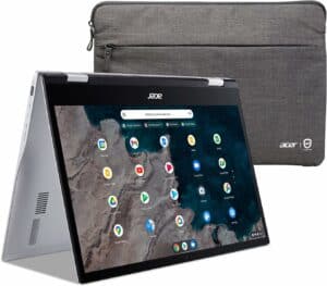 Acer Spin chromebook laptop with a grey sleeve.