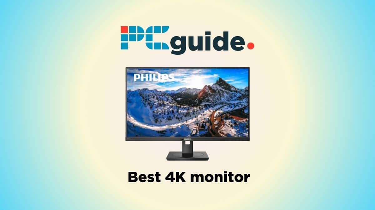 Best 4K Monitor 2023 - for photography, business, curved. Image shows the Philips Brilliance monitor on a blue white gradient background.