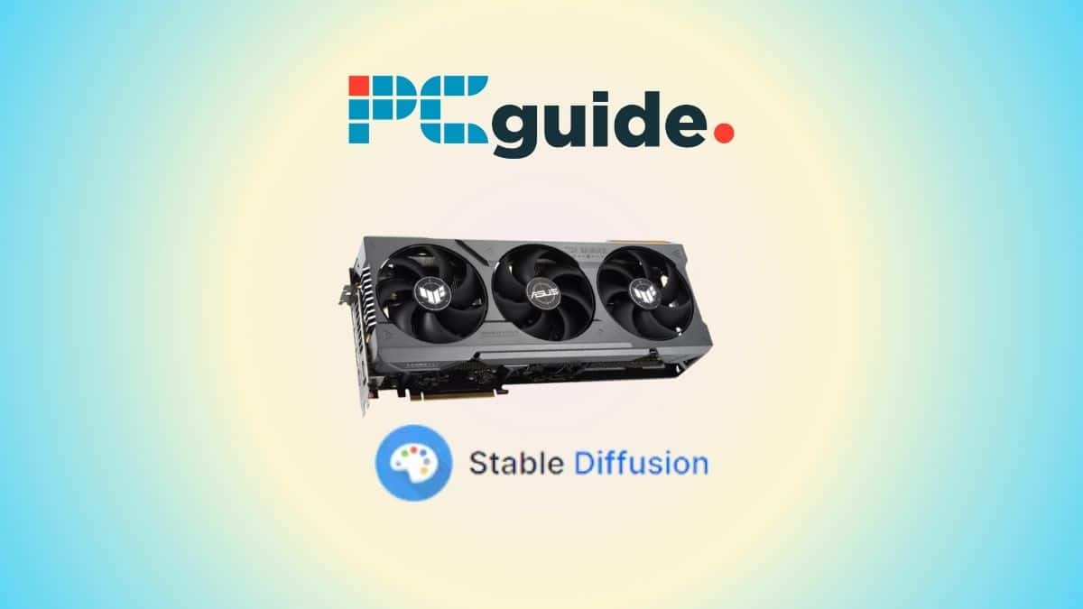 Best GPUs for Stable Diffusion - our top picks. Image shows the Stable Diffusion logo beneath an RTX 4080 GPU on a light blue gradient background.