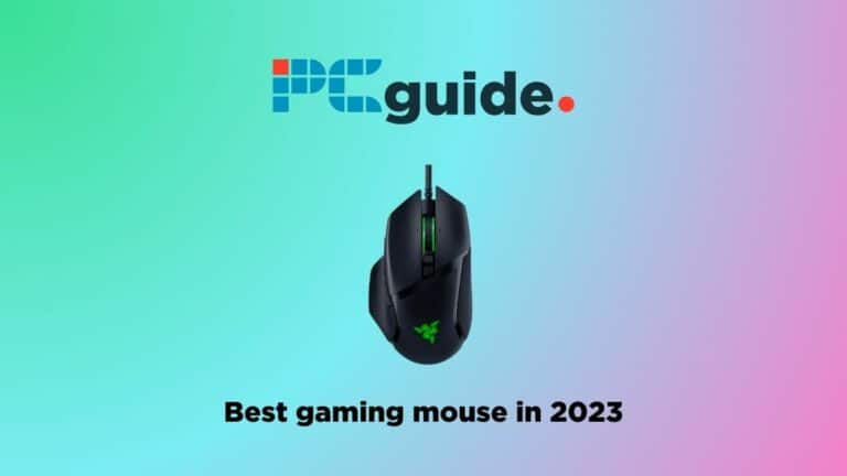 Best gaming mouse in 2023. Image shows the text "Best Gaming Mouse for 2023" underneath the Razer Basilik V3, on a pastel gradient background.