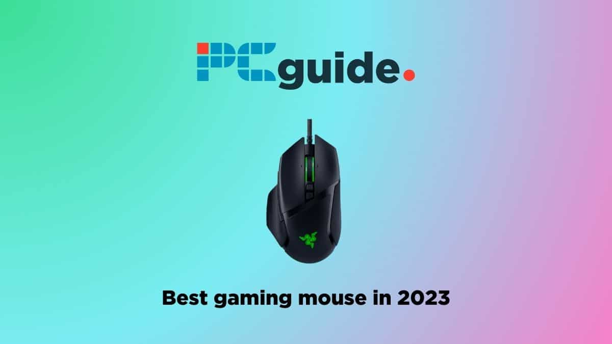 Best gaming mouse in 2023. Image shows the text "Best Gaming Mouse for 2023" underneath the Razer Basilik V3, on a pastel gradient background.