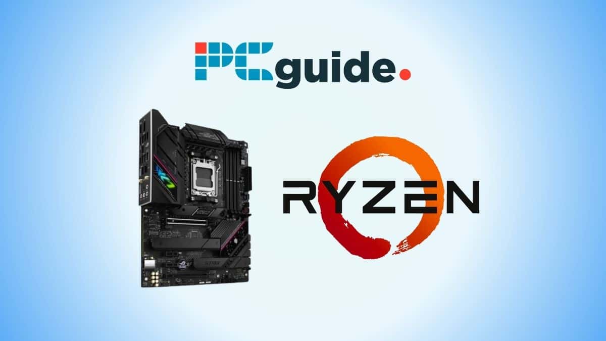 The best motherboard for Ryzen 9 featuring Ryzen and pcguide logos on a blue background.
