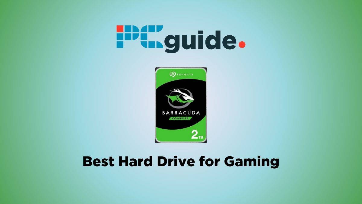 Best hard drive for gaming 2023 - overall, high-capacity, for console. Image shows the Seagate Baracuda 2TB HDD on a light green gradient background.