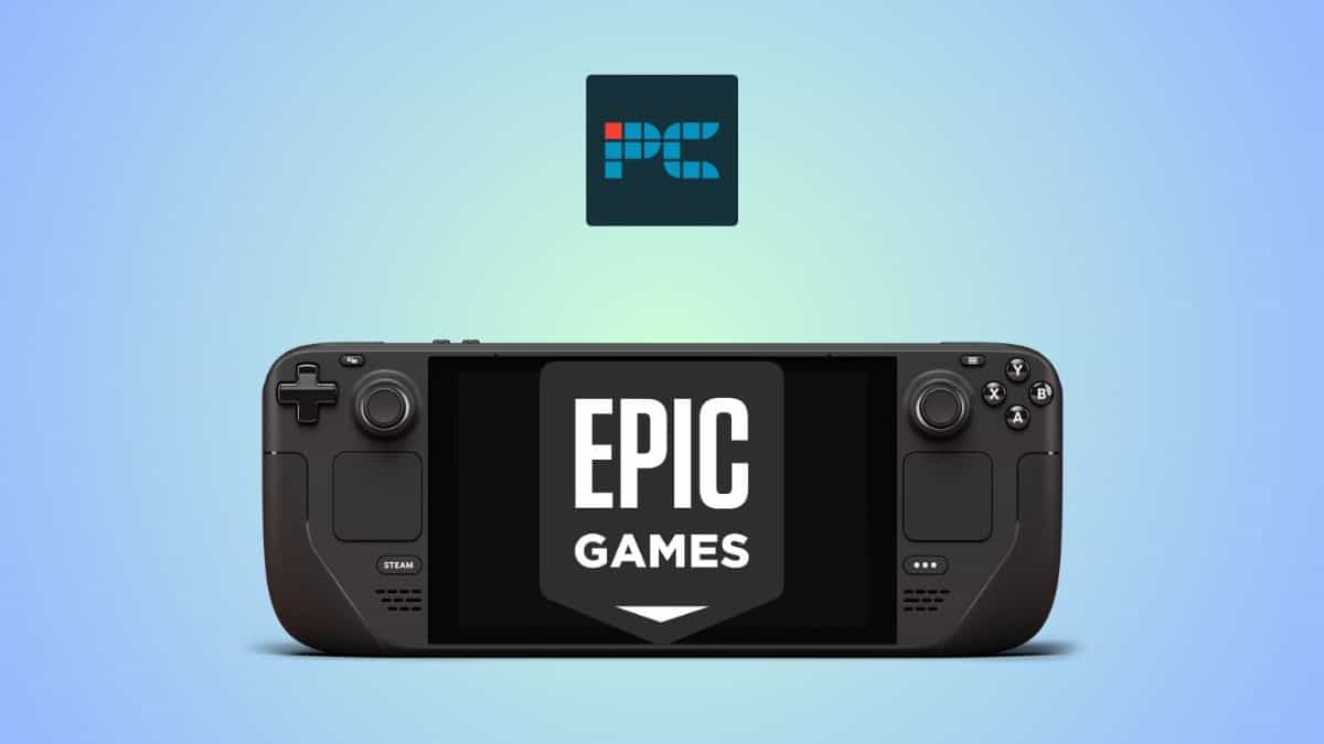 Can you play Epic Games on the Steam Deck? Yes, you can. Image shows a Steam Deck displaying the Epic Games logo, on a light blue gradient background.