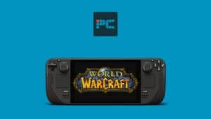 Can you play WOW (World of Warcraft) on the Steam Deck? Yes, you can! Image shows the Steam Deck with the WoW logo on its screen, on a blue background.