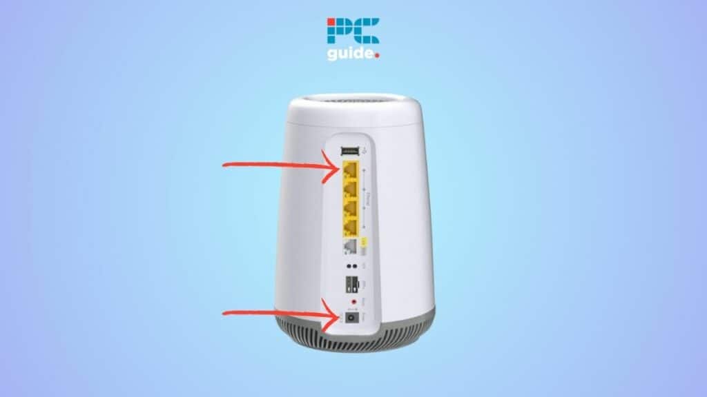 CenturyLink modem blinking blue with rear ports highlighted by red arrows against a blue background.